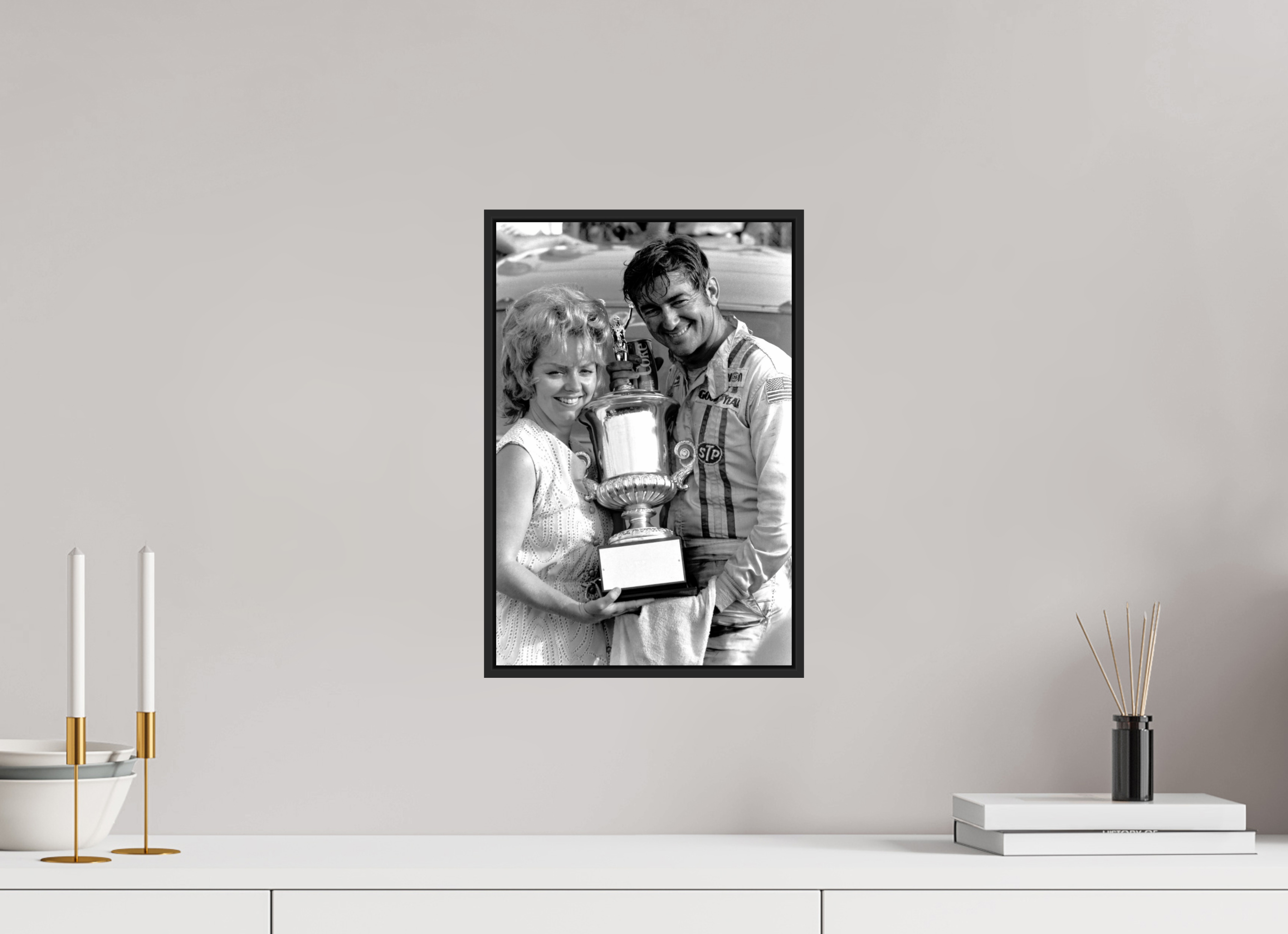 10 x 15″, Black & White Framed (black) Bobby Allison wins Talladega Aug 1971 - Photo under acrylic glass or framed