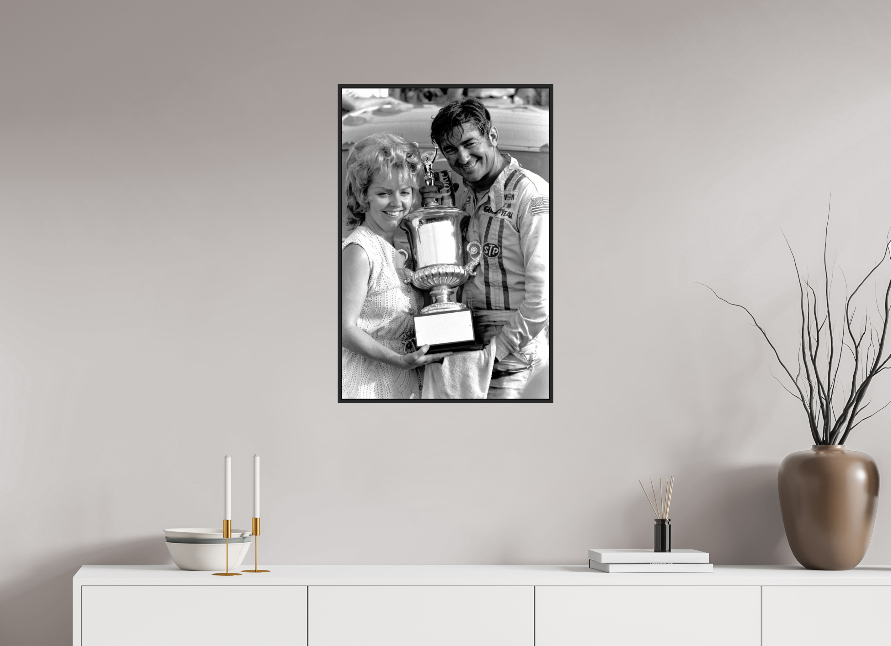 20 x 30″, Black & White Framed (black) Bobby Allison wins Talladega Aug 1971 - Photo under acrylic glass or framed