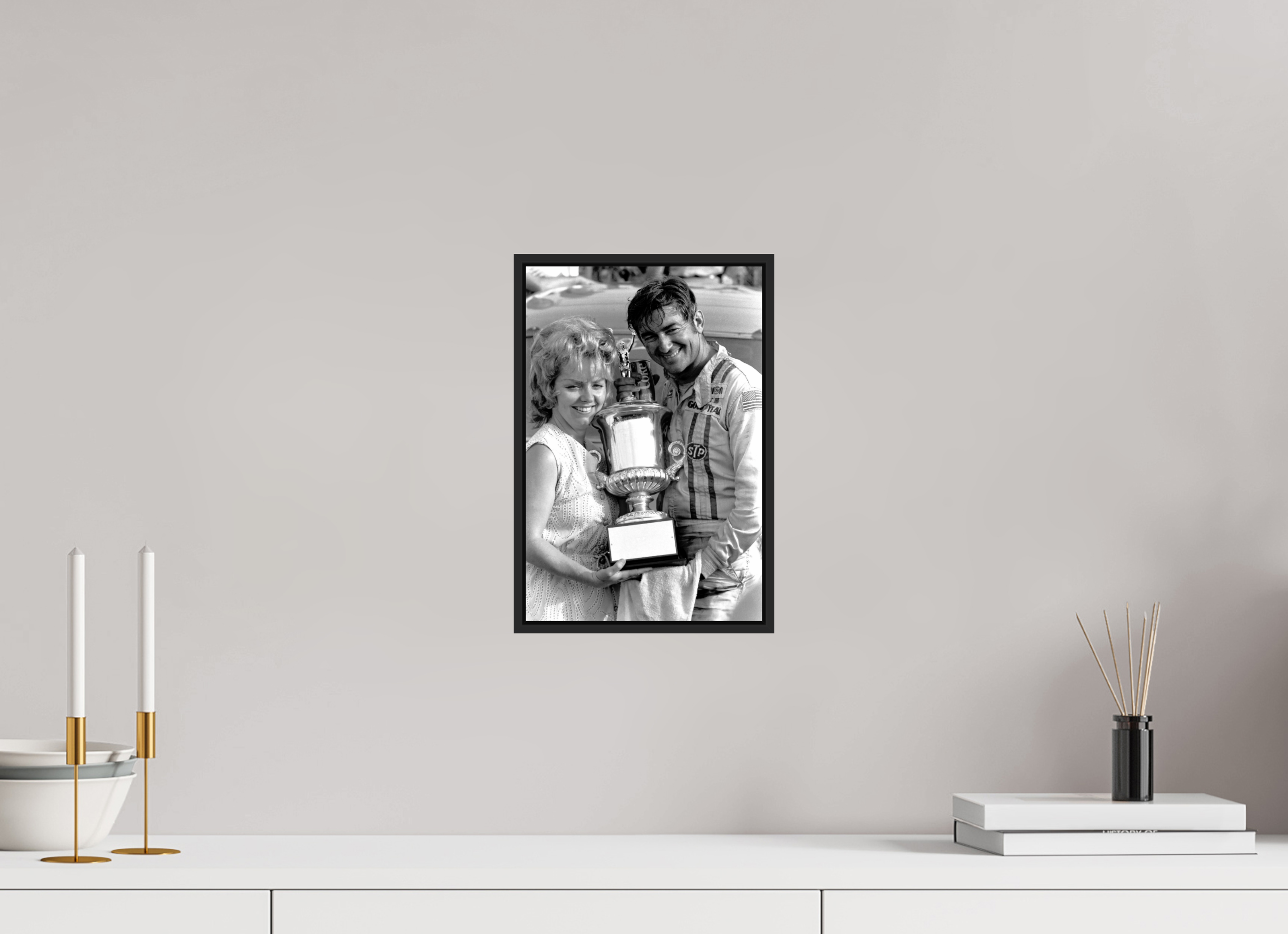 8 x 12″, Black & White Framed (black) Bobby Allison wins Talladega Aug 1971 - Photo under acrylic glass or framed