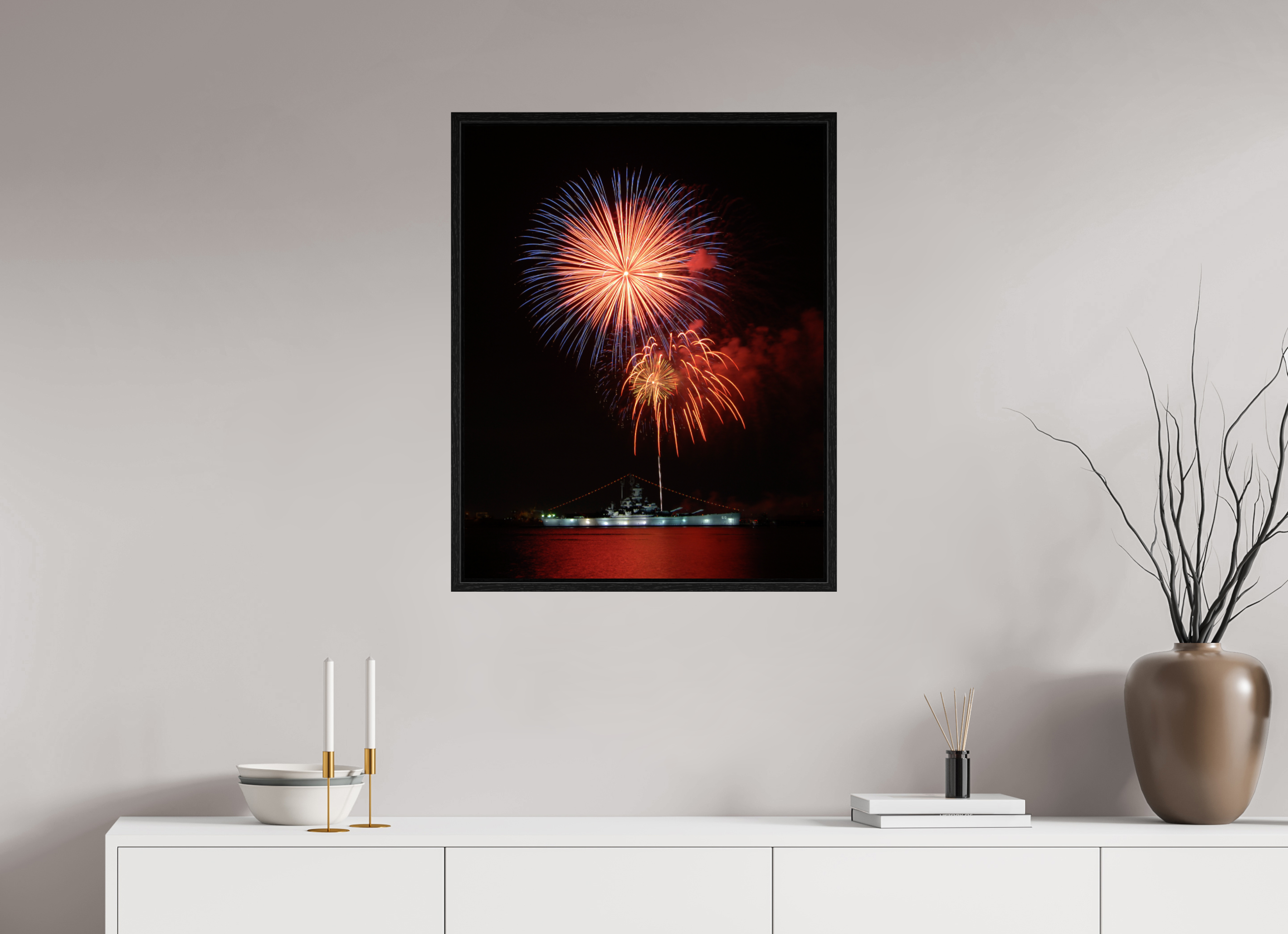 24 x 30.3″, Floater Frame USS ALABAMA Battleship - Fireworks