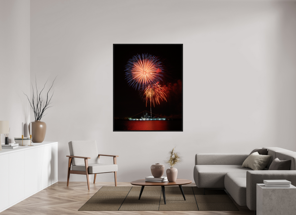 47 x 59.3″, Floater Frame USS ALABAMA Battleship - Fireworks