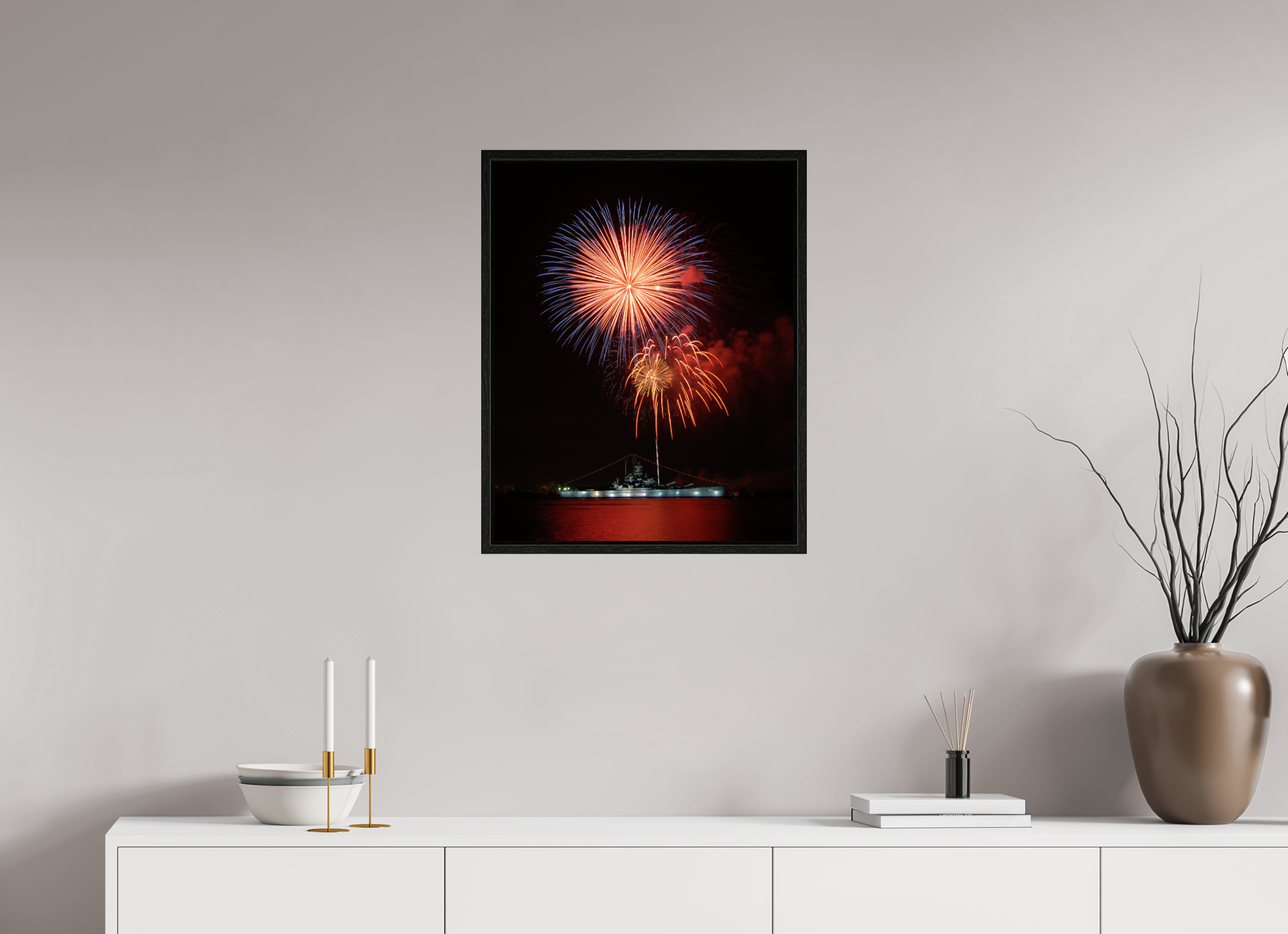 20 x 25.2″, Floater Frame USS ALABAMA Battleship - Fireworks