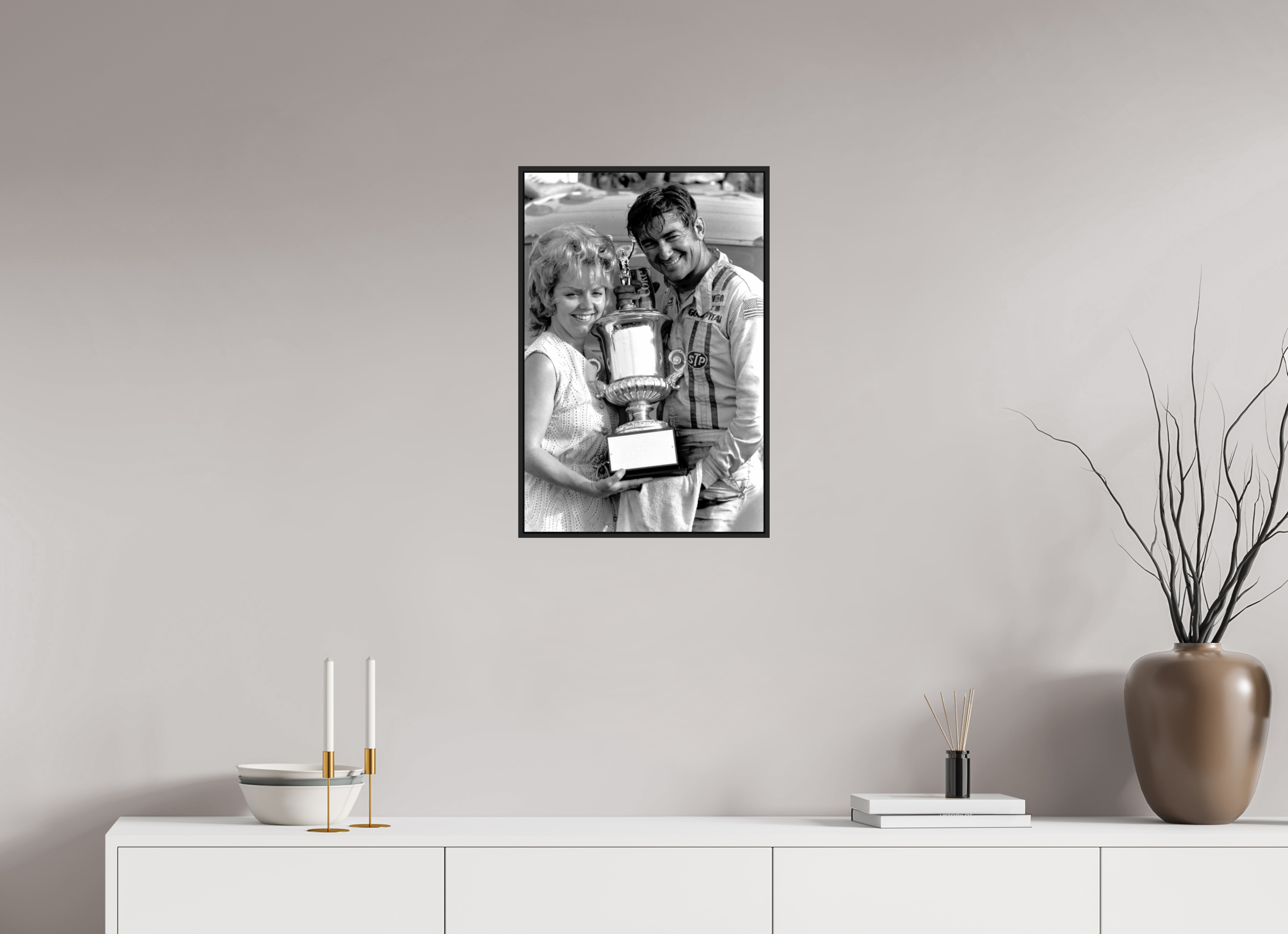16 x 24″, Black & White Framed (black) Bobby Allison wins Talladega Aug 1971 - Photo under acrylic glass or framed